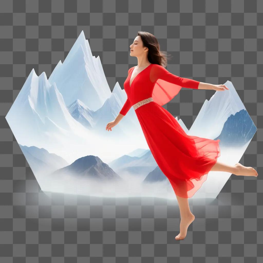 woman in a red dress dances amidst transparent mountains