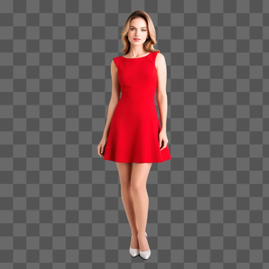 woman in a red dress poses against a red backdrop