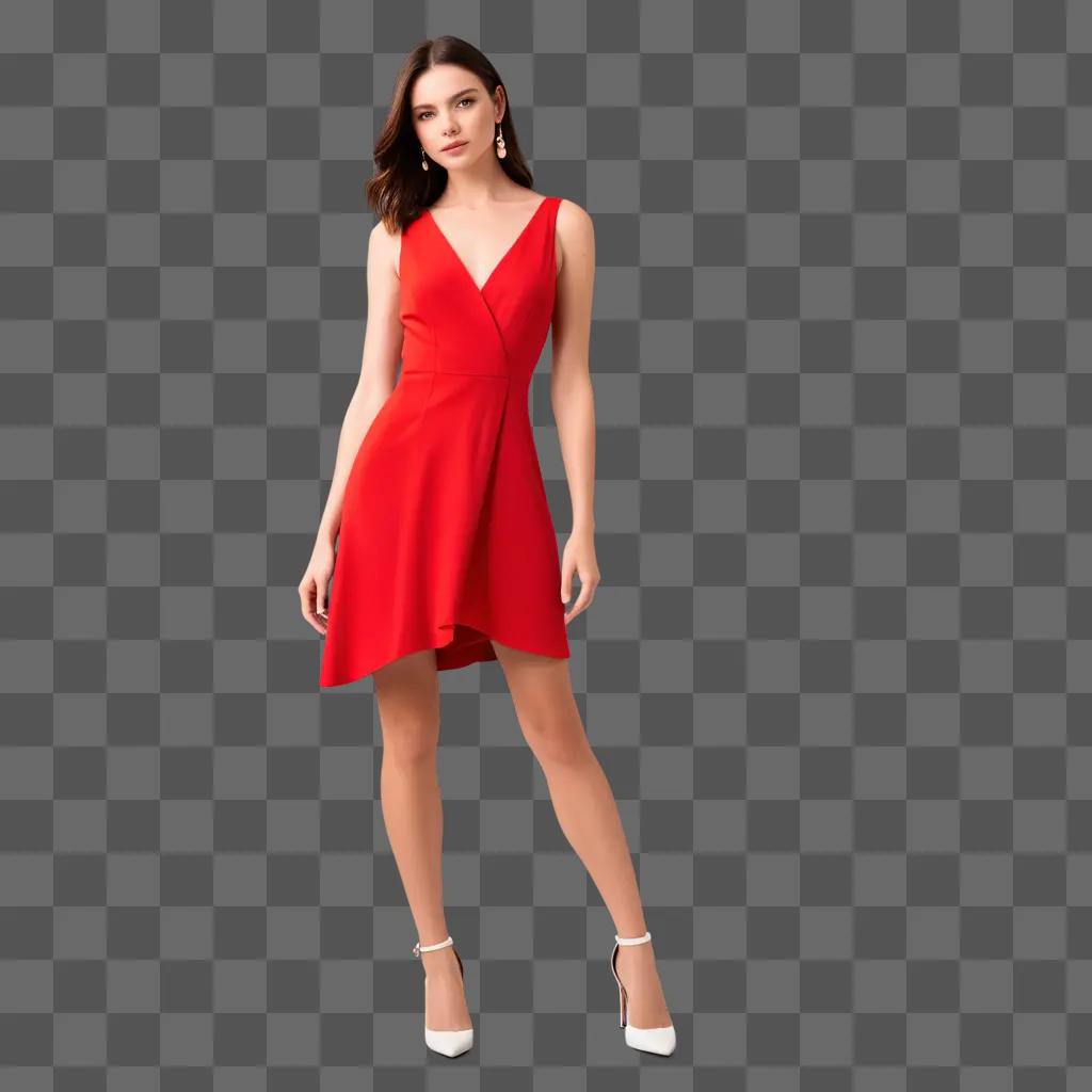 woman in a red dress stands in a bright red background