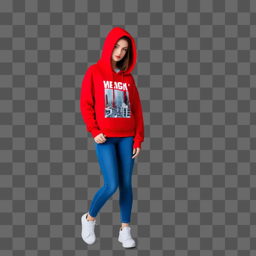 woman in a red hoodie poses for the camera