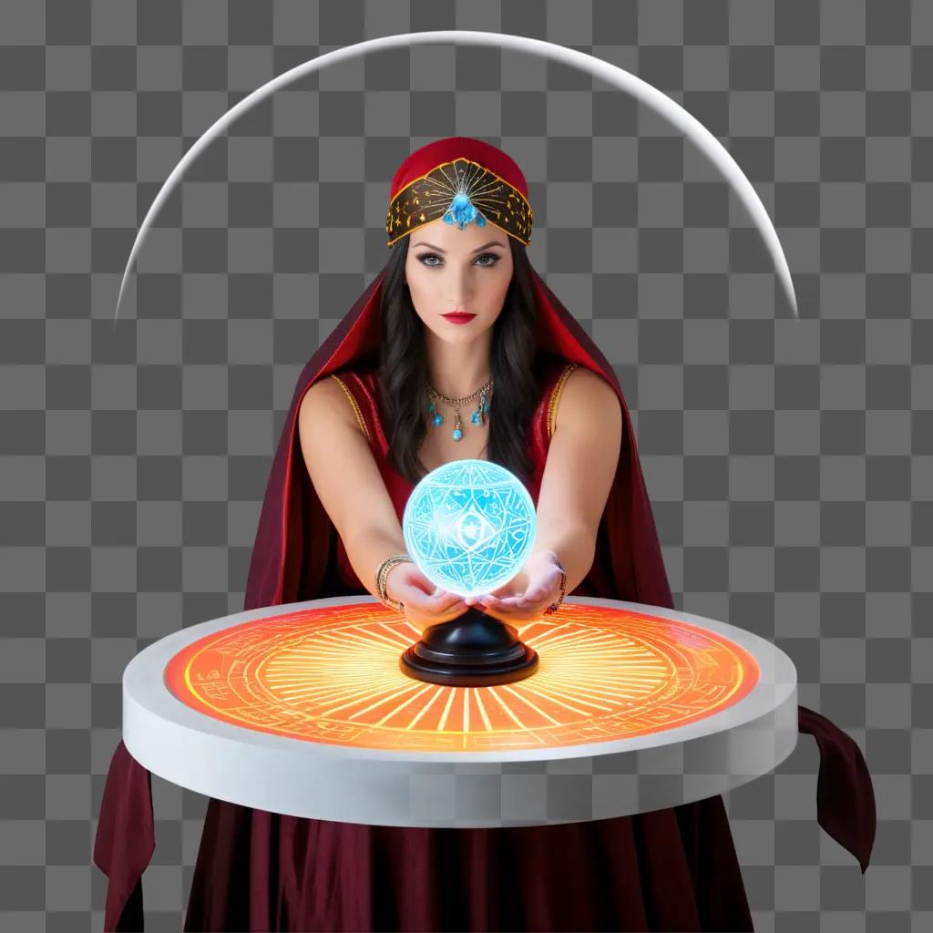 woman in a red robe holds a blue crystal ball