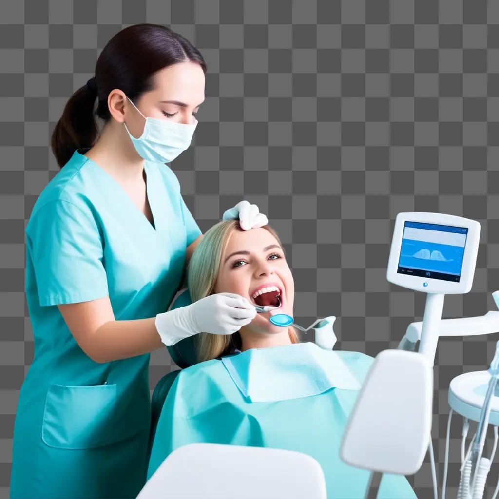 woman in a scrubs stands next to a woman in a chair