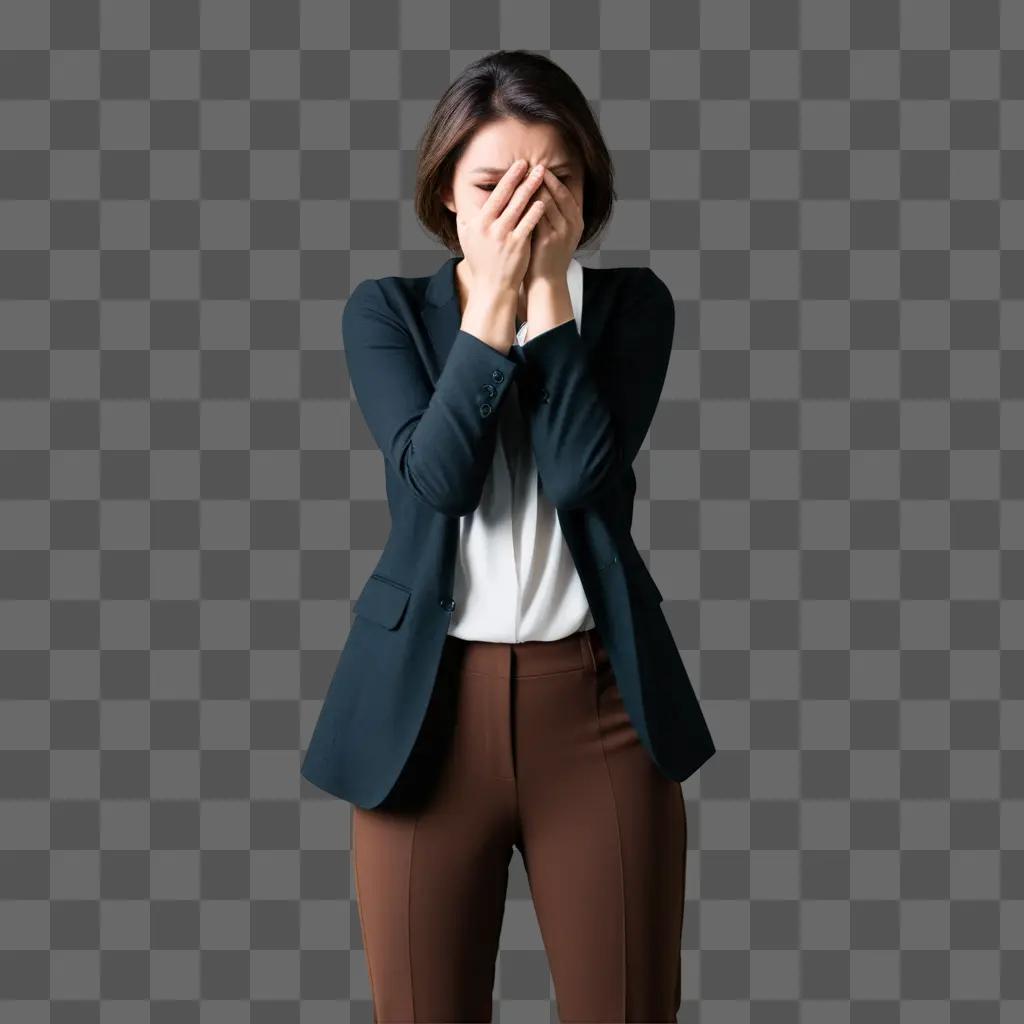 woman in a suit and coat covers her face with her hands