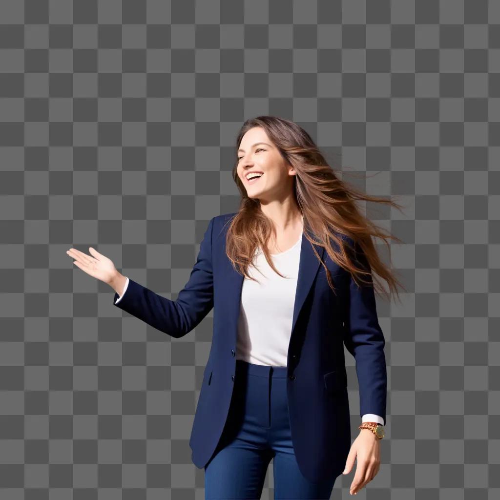 woman in a suit is waving