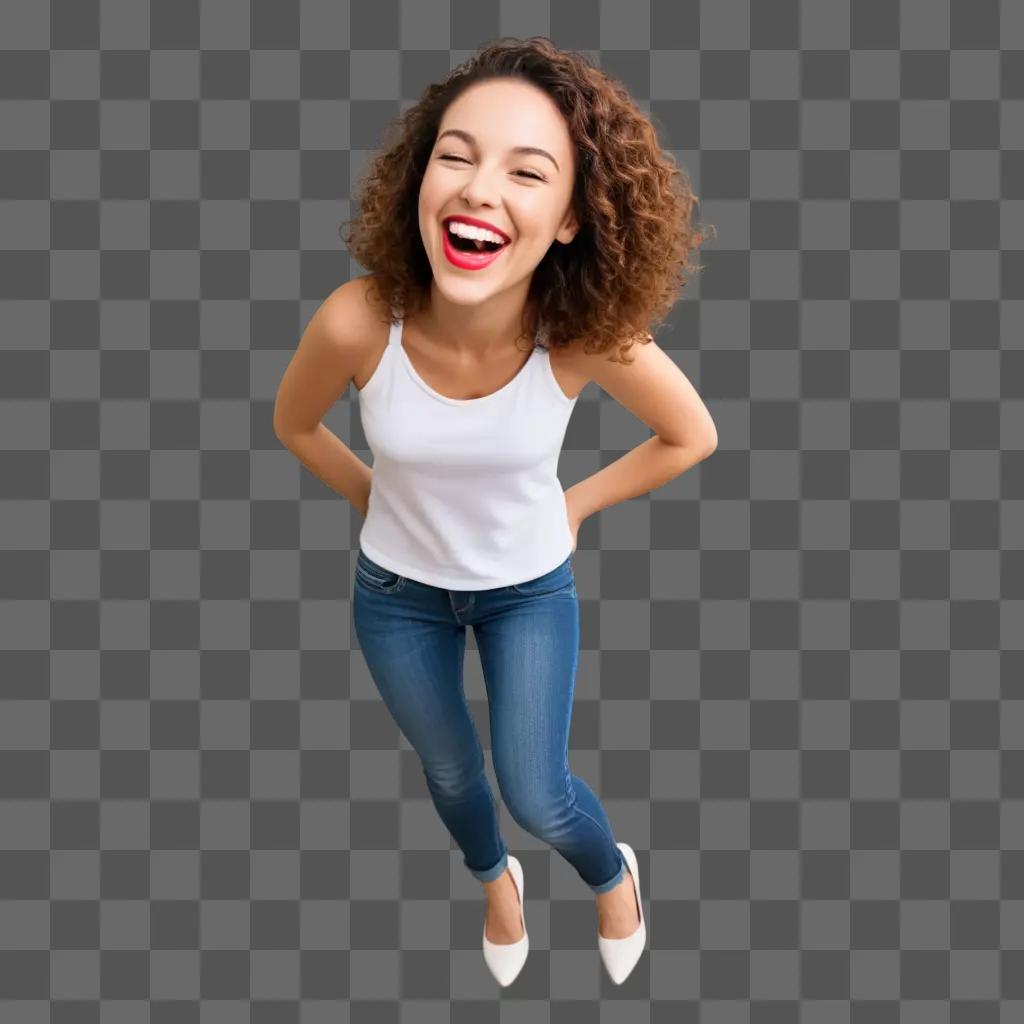 woman in a tank top laughing with a blurred background