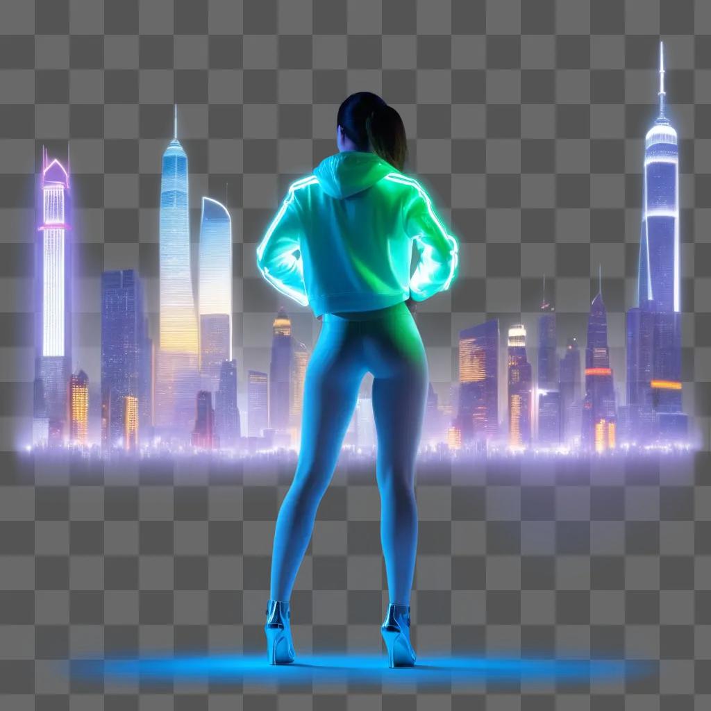 woman in a transparent outfit stands in front of a cityscape