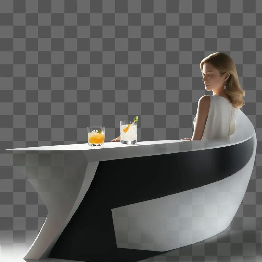 woman in a white dress and black and white chair drinks a drink