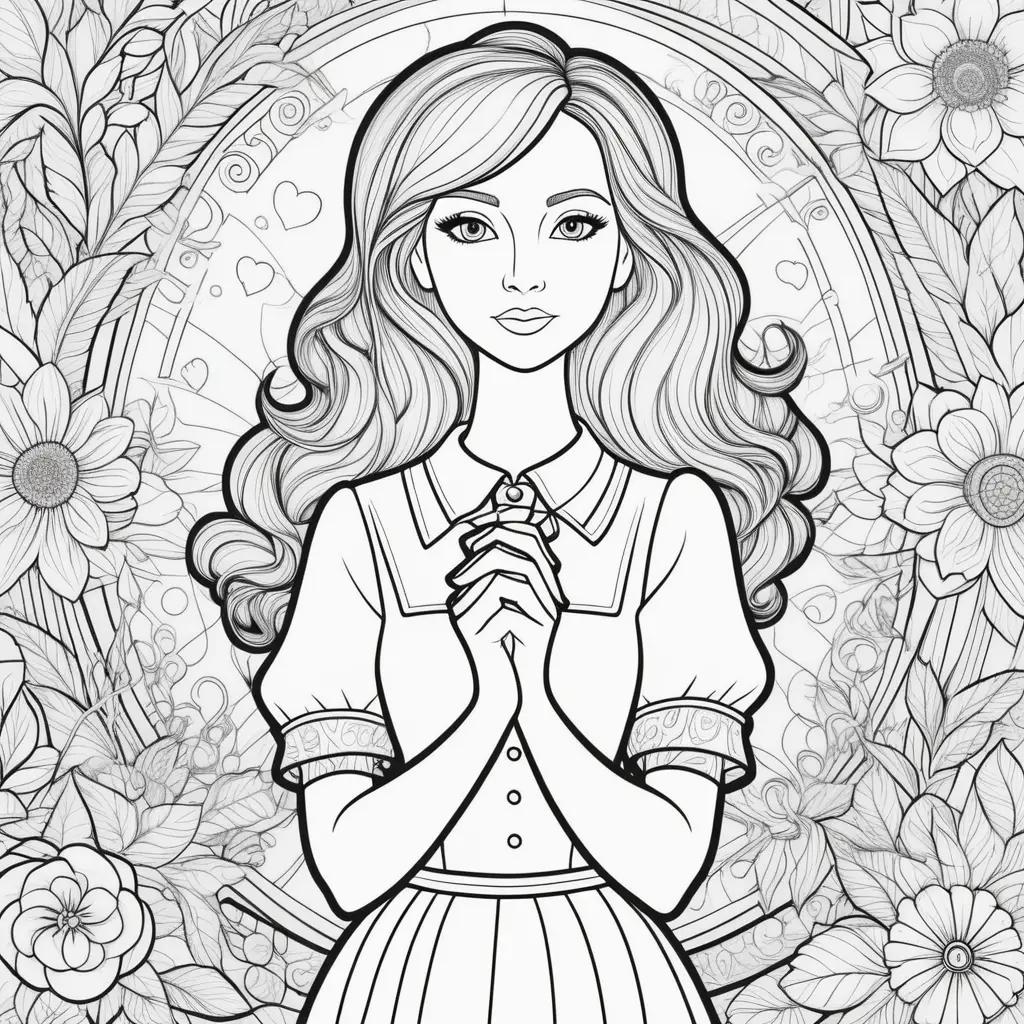 woman in a white dress coloring pages with flowers