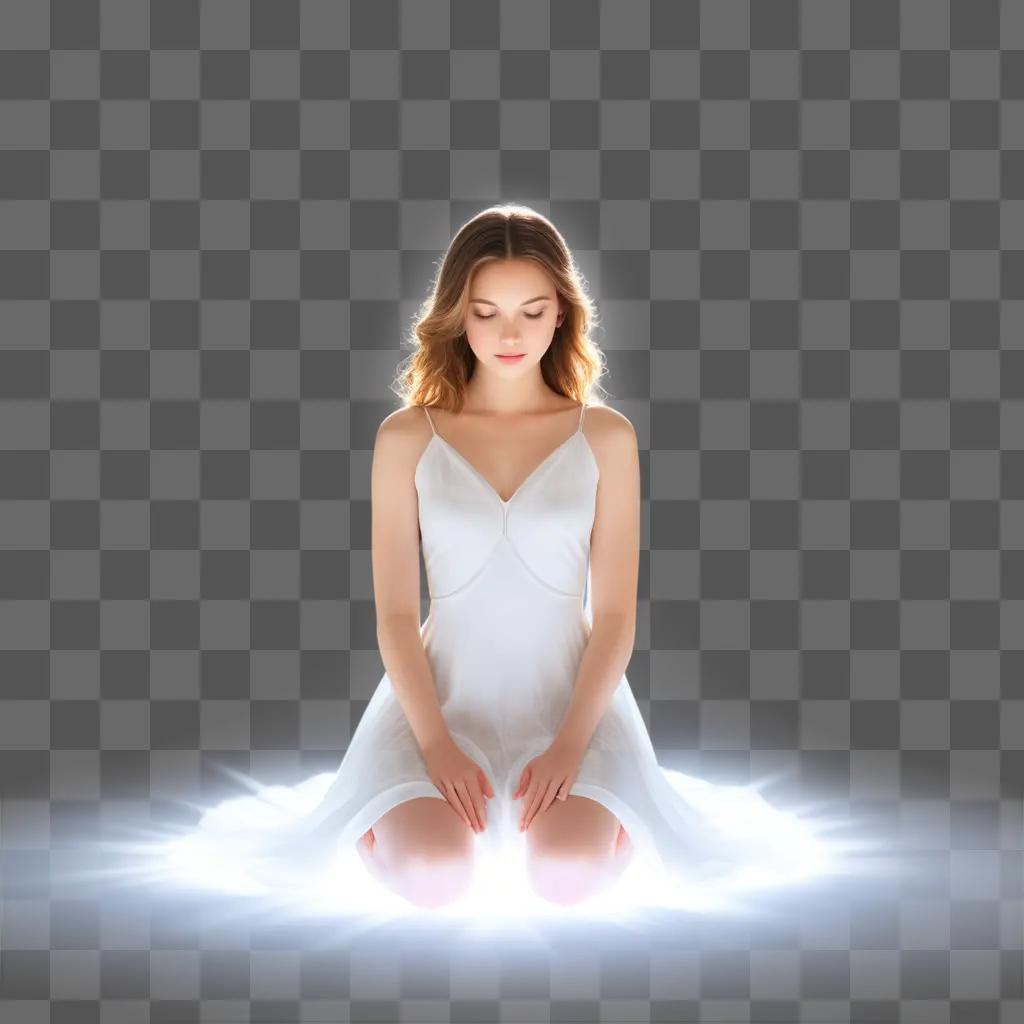 woman in a white dress is glowing in a light