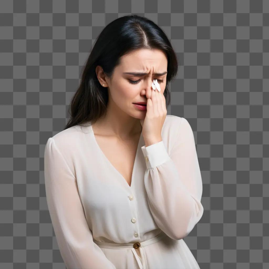 woman in a white dress pretends to cry