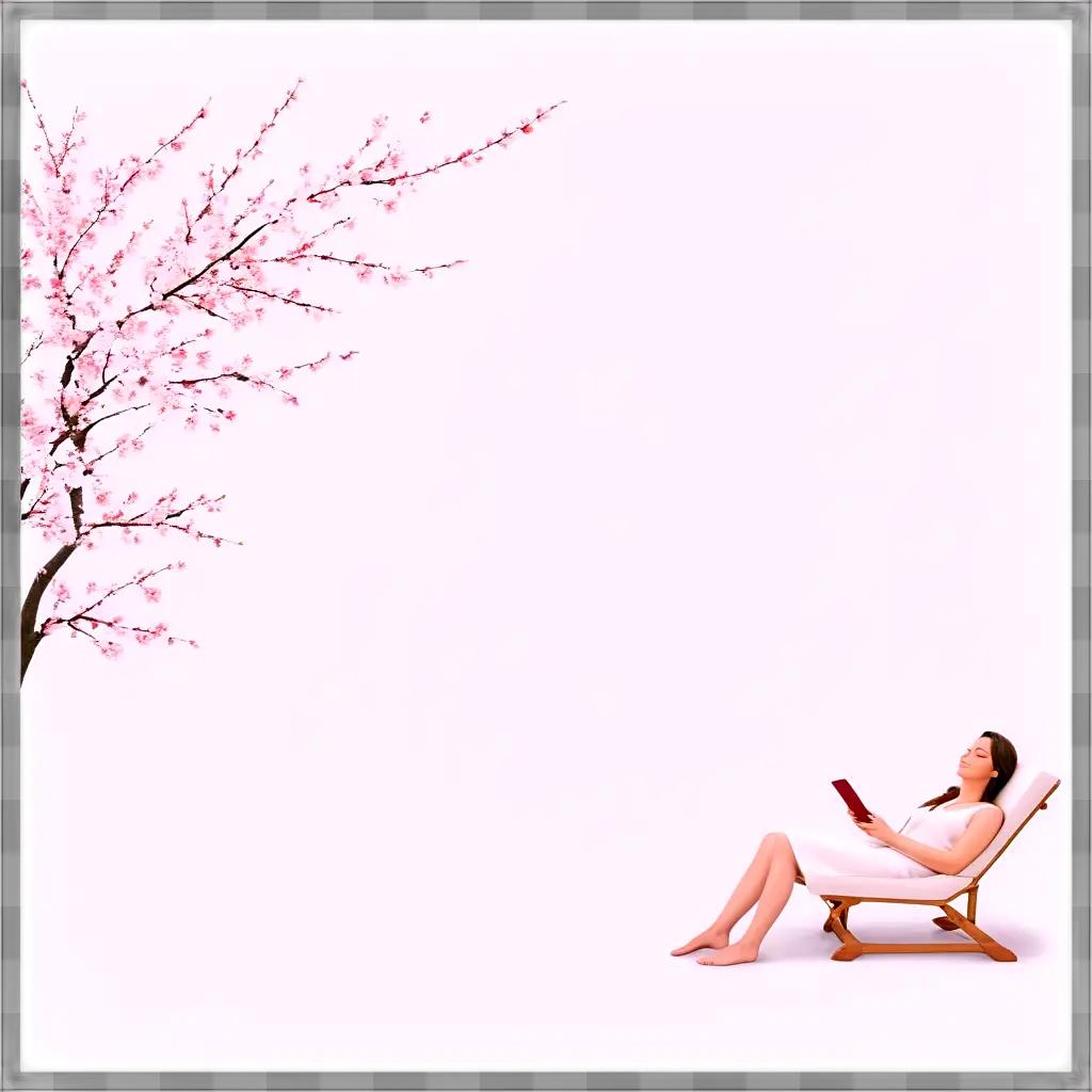 woman in a white dress relaxes under a cherry blossom tree