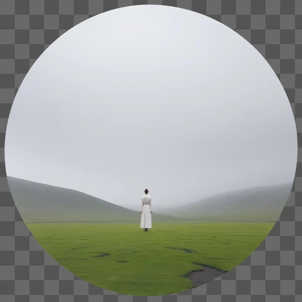 woman in a white dress stands in a field with a focus of blur