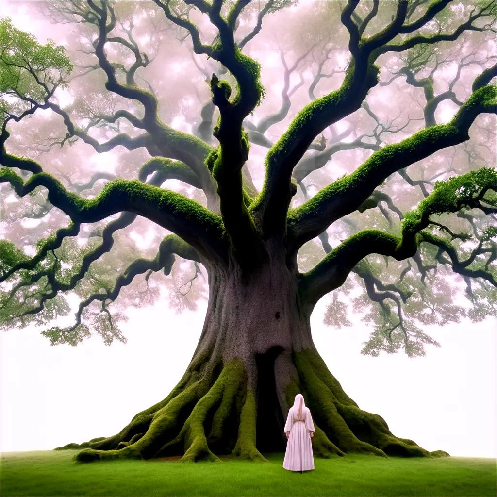 woman in a white dress stands in front of a large tree