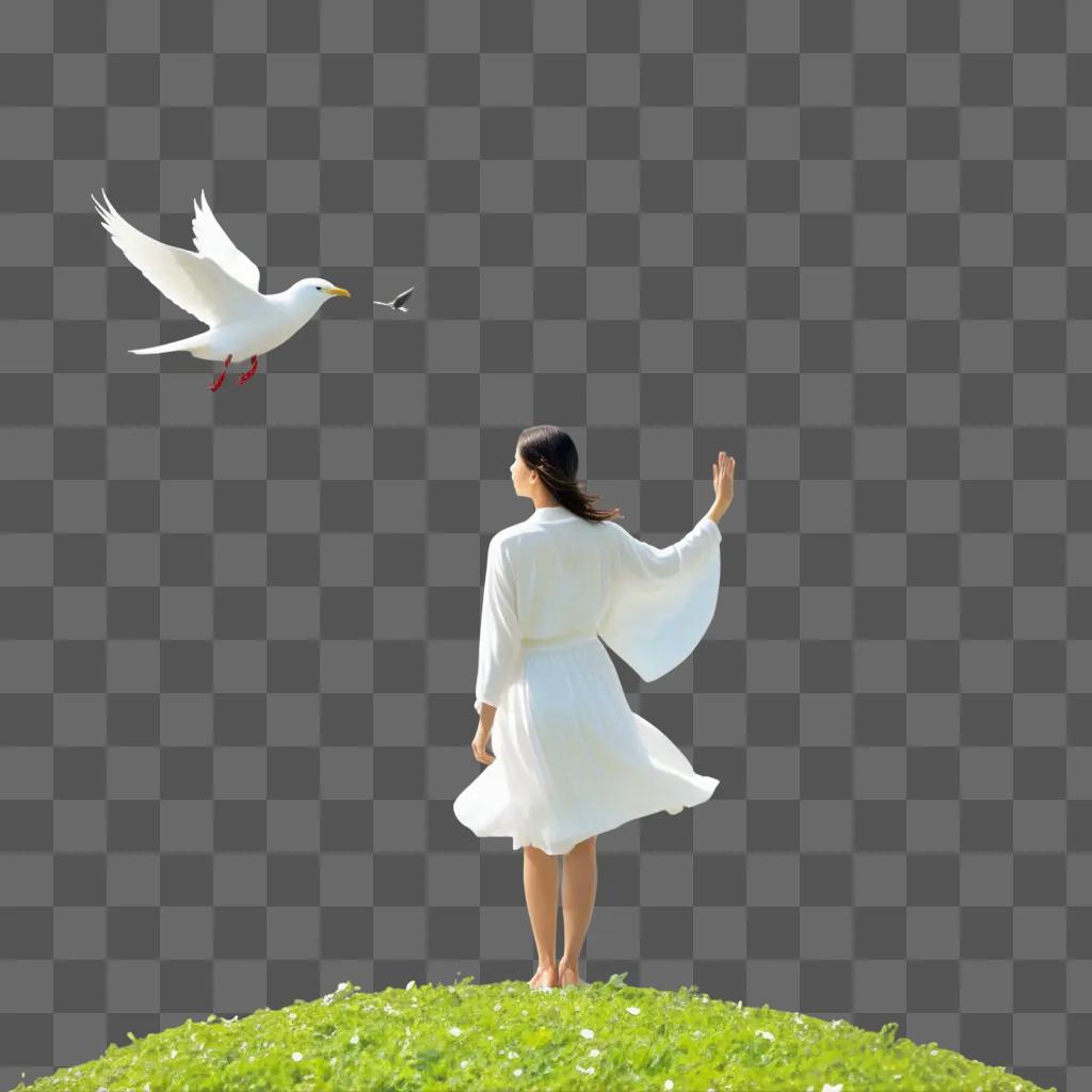 woman in a white dress stands in the grass near a bird