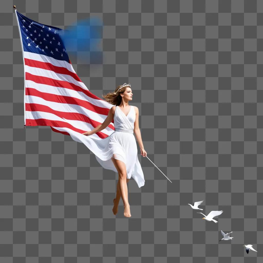 woman in a white dress stands with an American flag