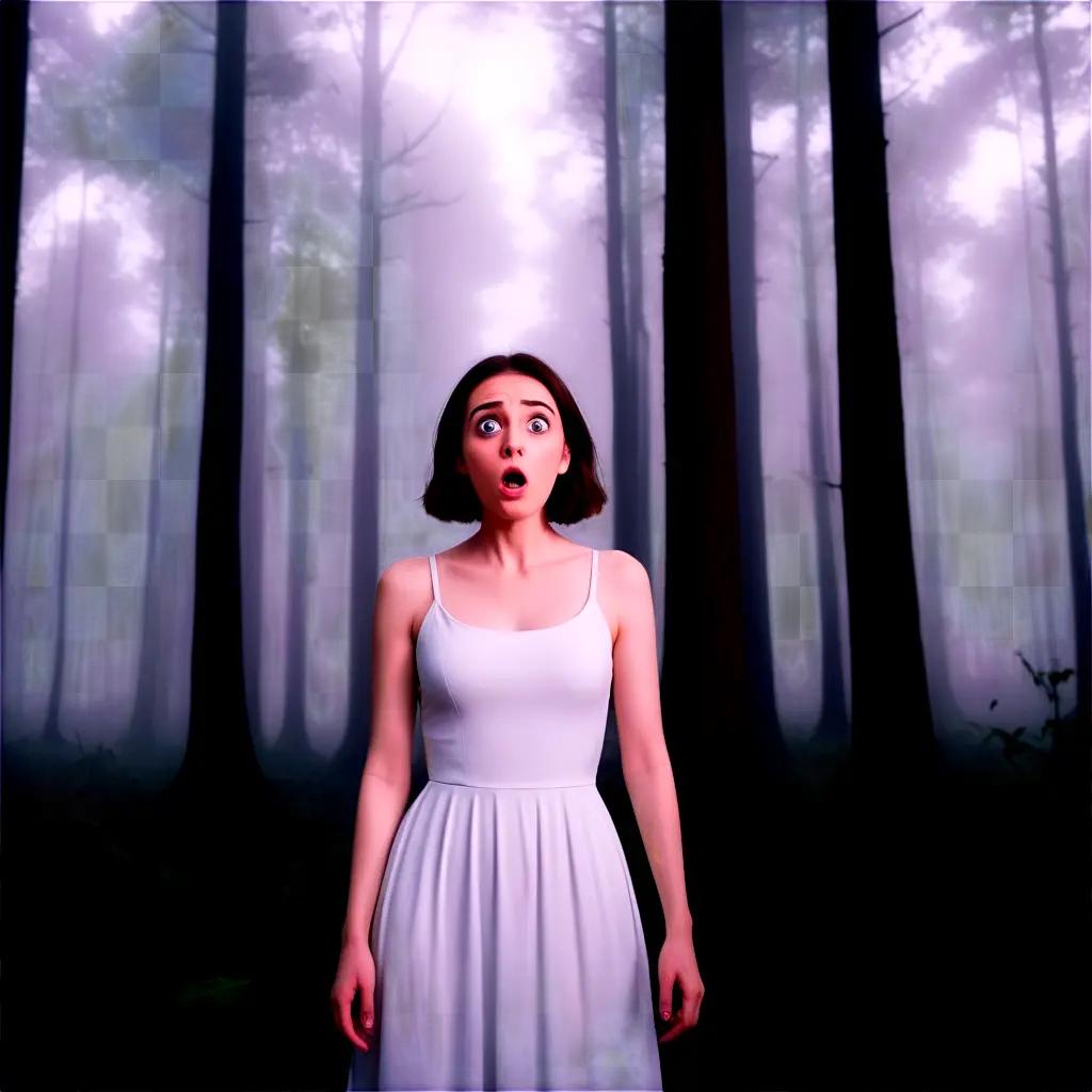 woman in a white dress stares in horror