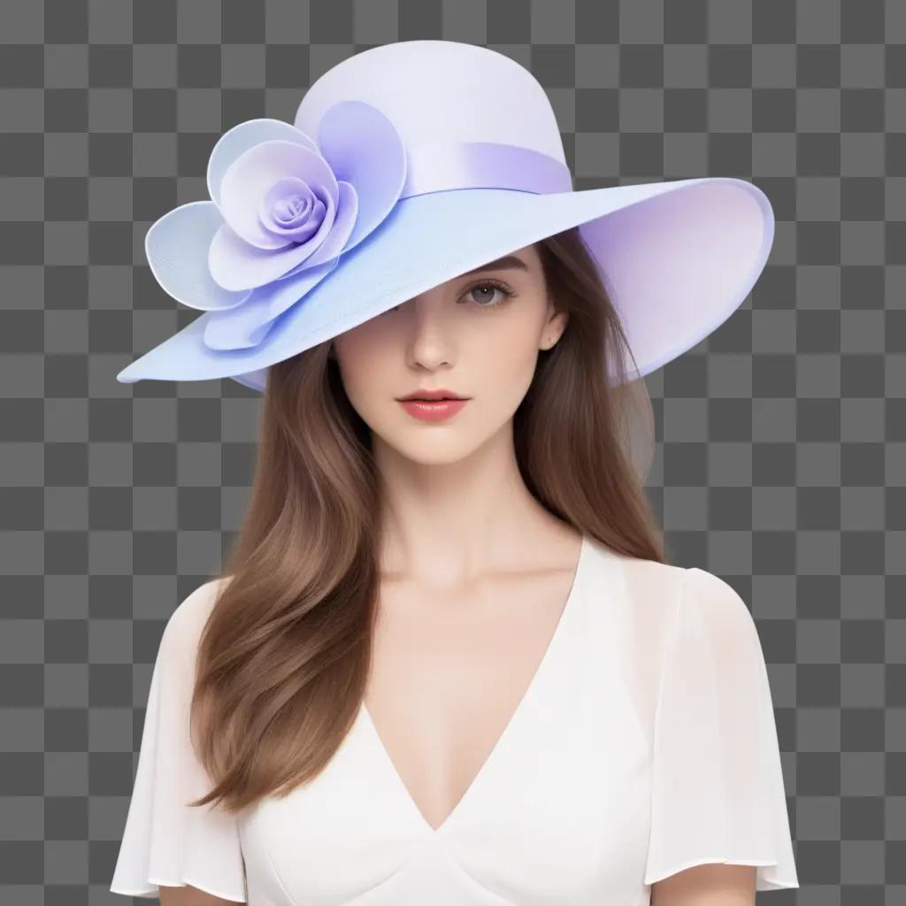 woman in a white dress wears a hat with a transparent flower