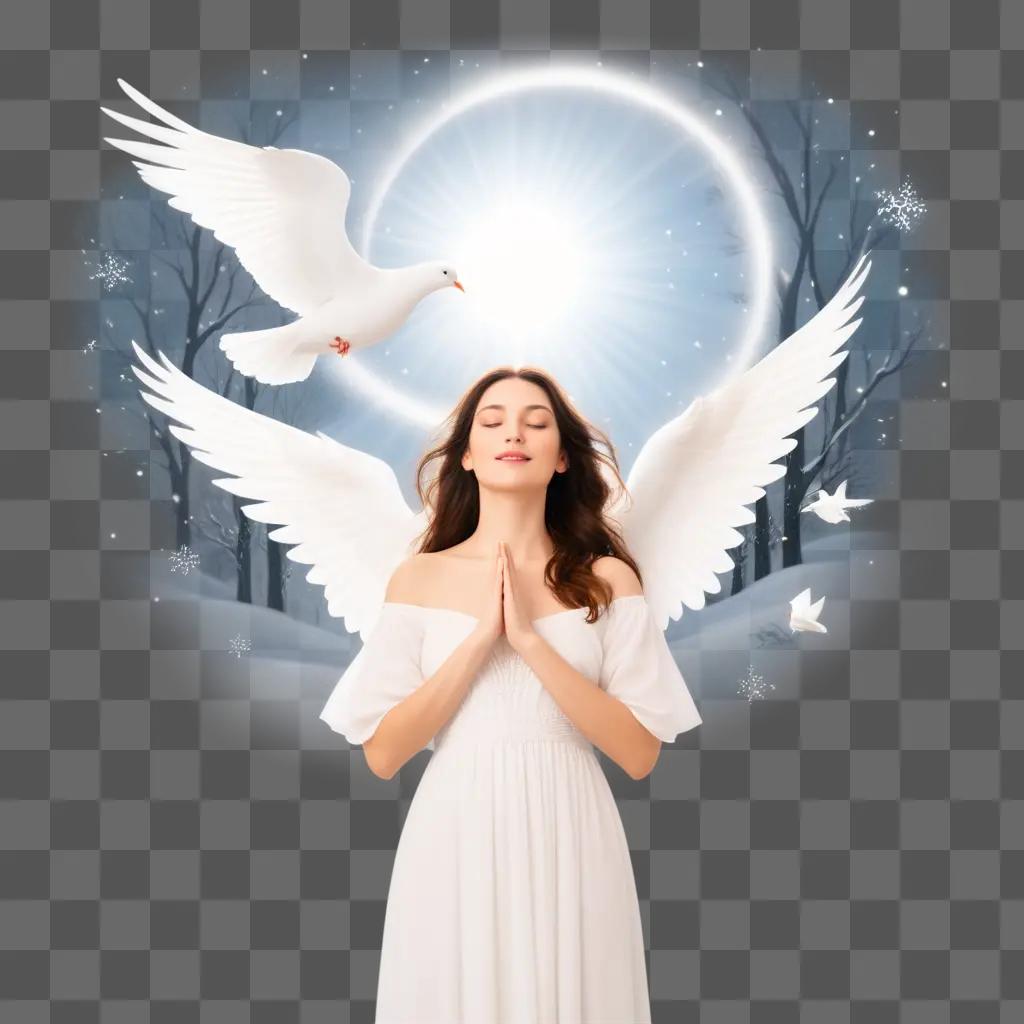 天使の羽と白い鳩が描かれた白いドレスを着た女性