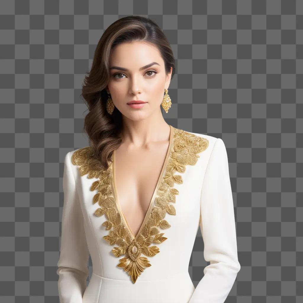 woman in a white dress with gold accent