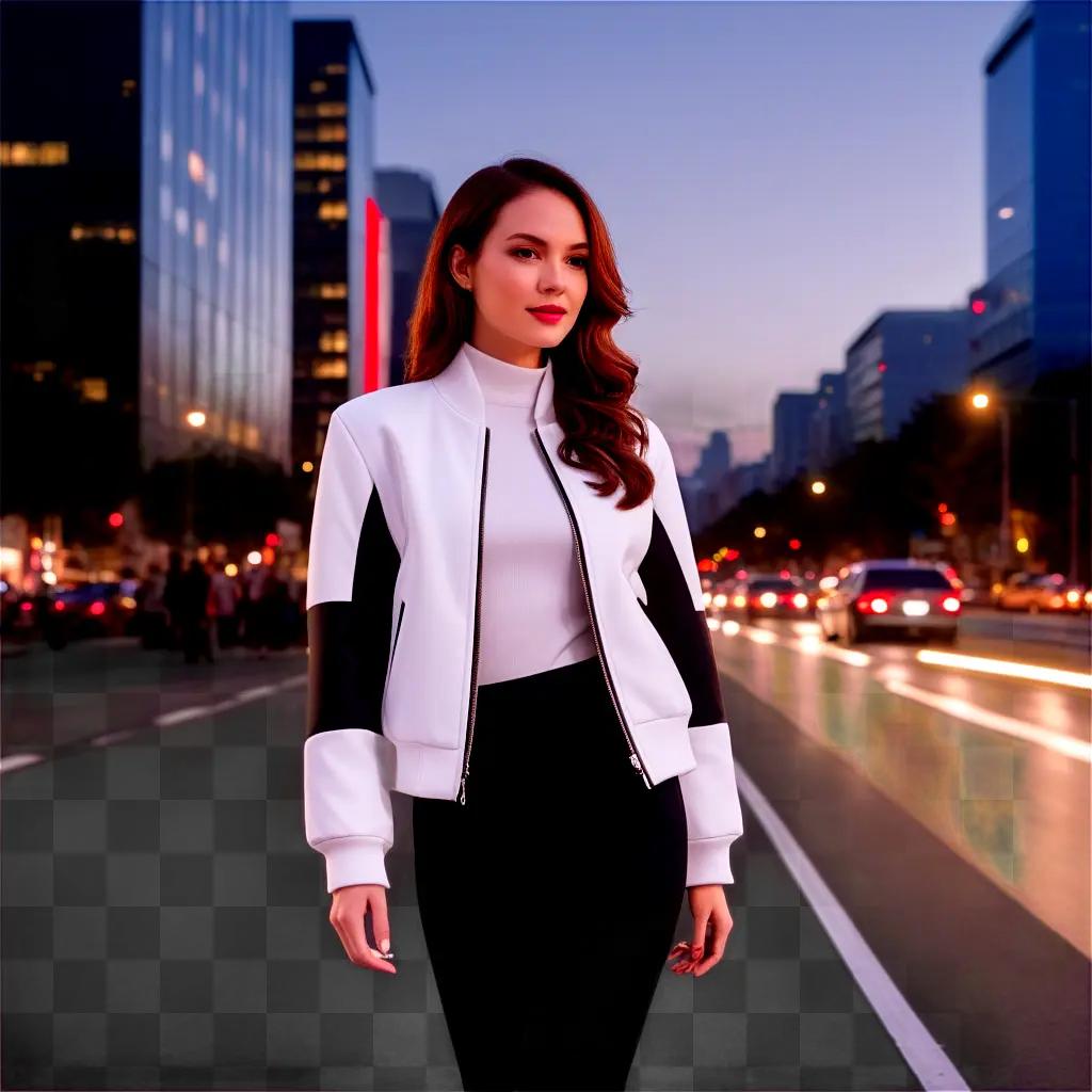 woman in a white jacket on a city street