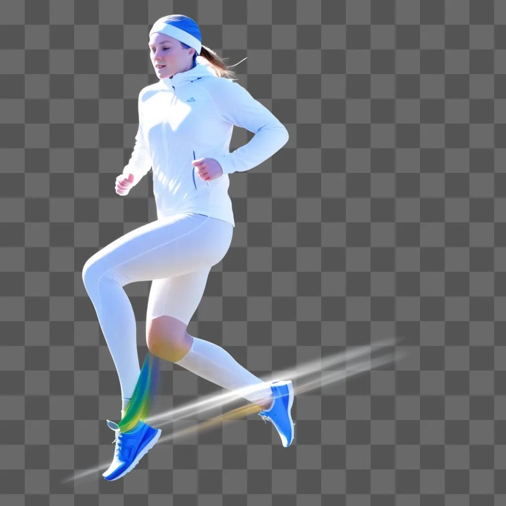 woman in a white jacket runs through a blur