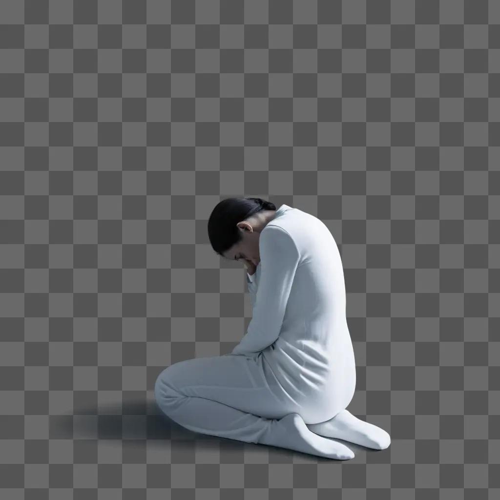 woman in a white outfit is sitting on the ground
