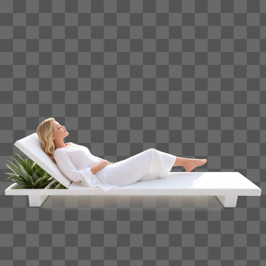 woman in a white outfit lies on a white lounge chair