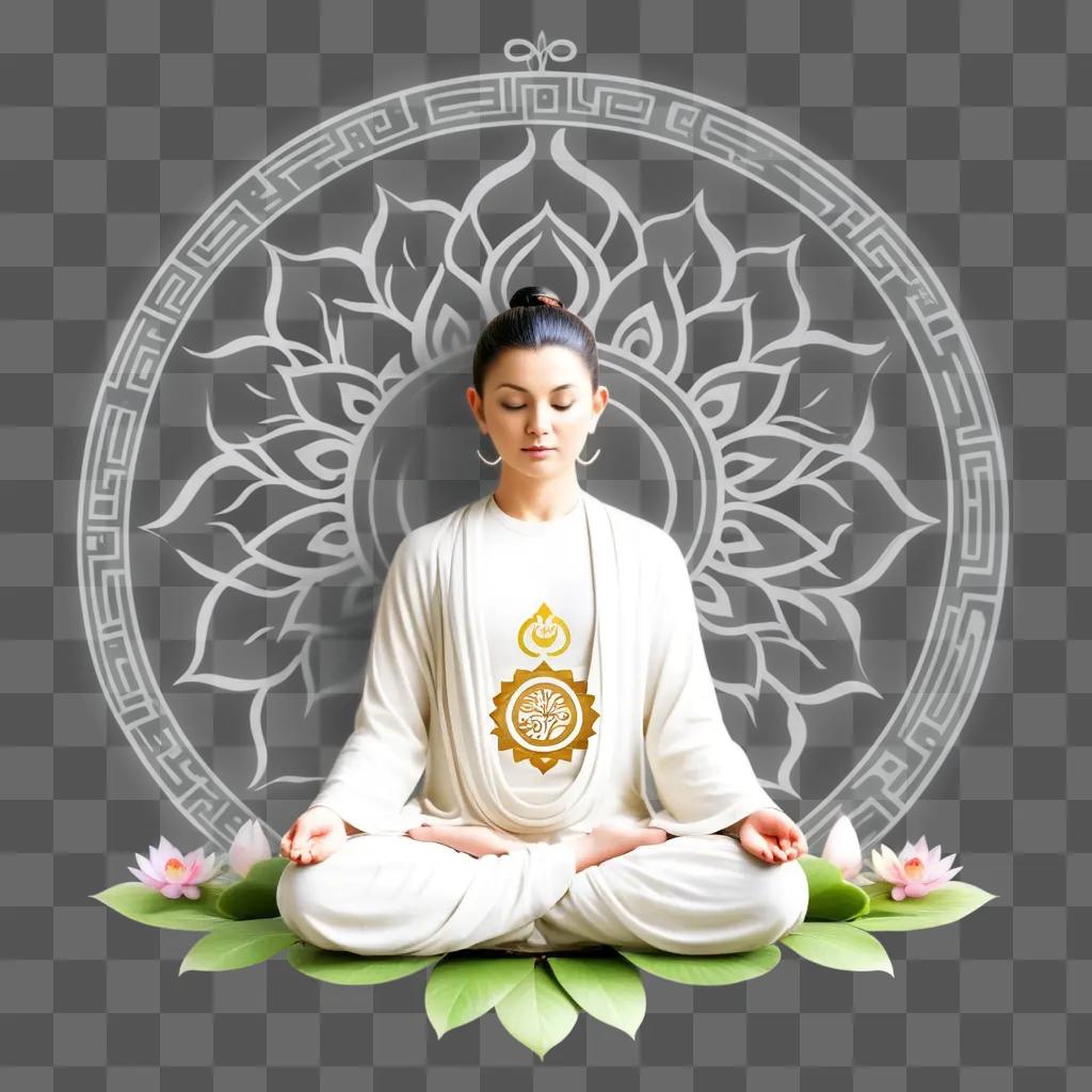 woman in a white outfit meditates on a lotus flower