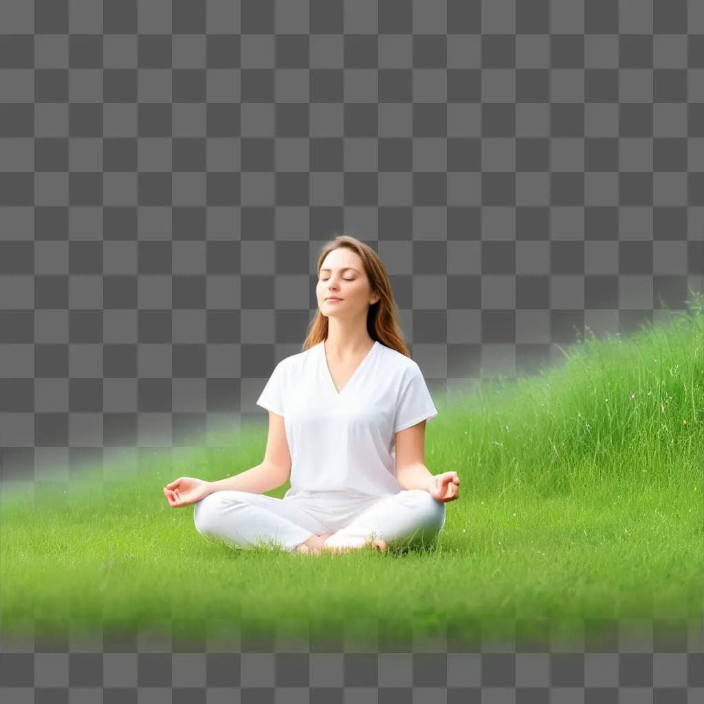 woman in a white outfit meditates on a lush green lawn