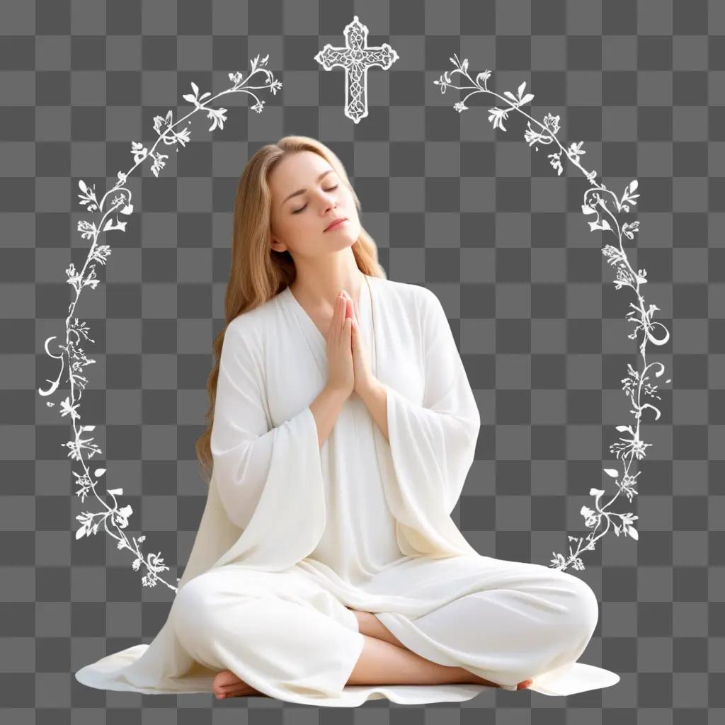 woman in a white robe meditates with her hands on her knees