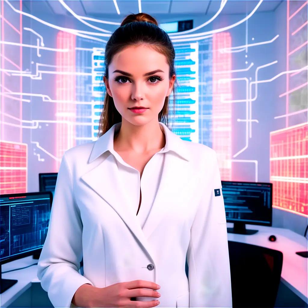 woman in a white shirt and a computer monitor in front of her