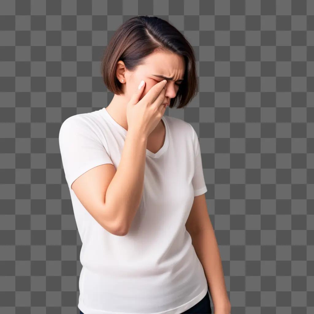 woman in a white shirt covering her eyes