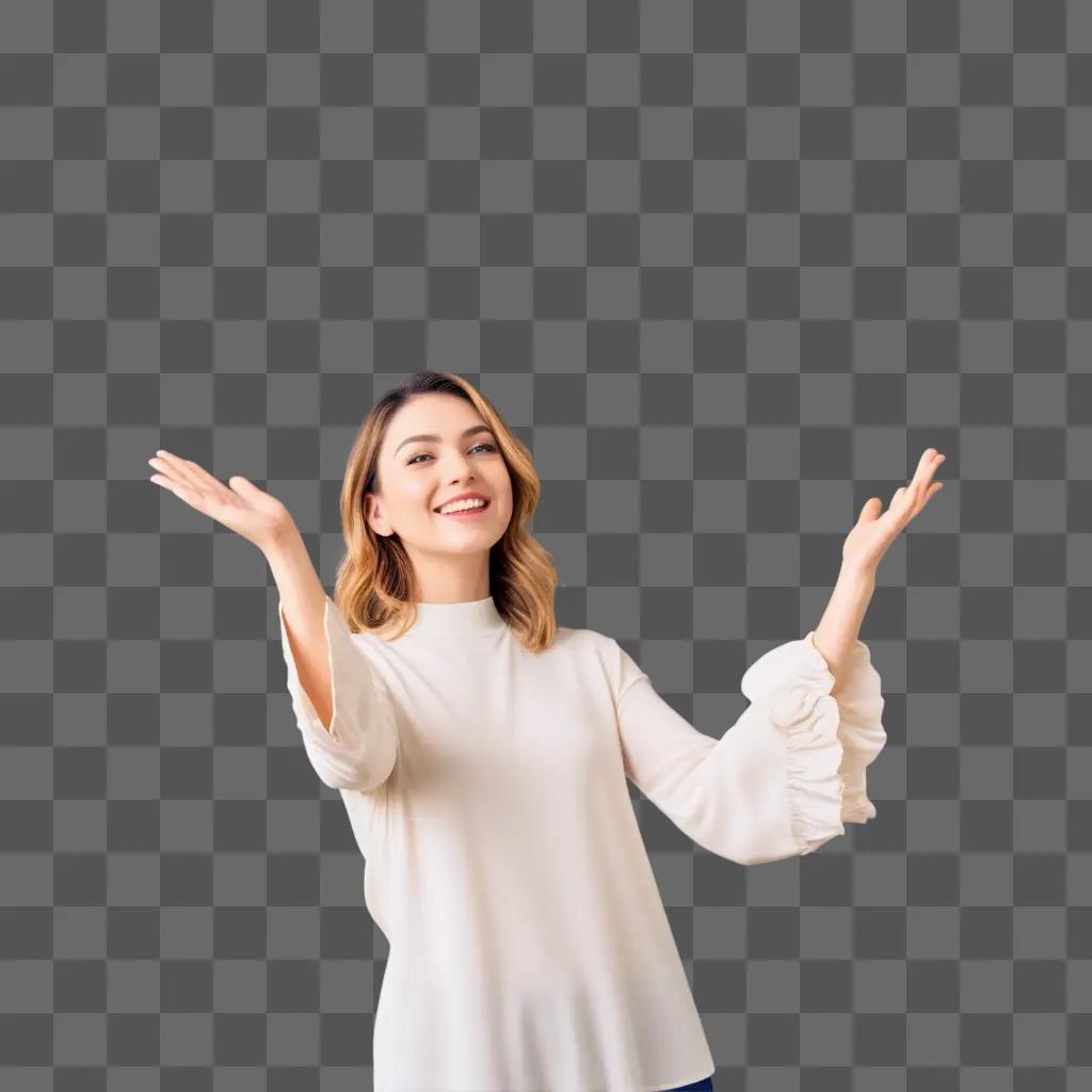 woman in a white shirt is waving