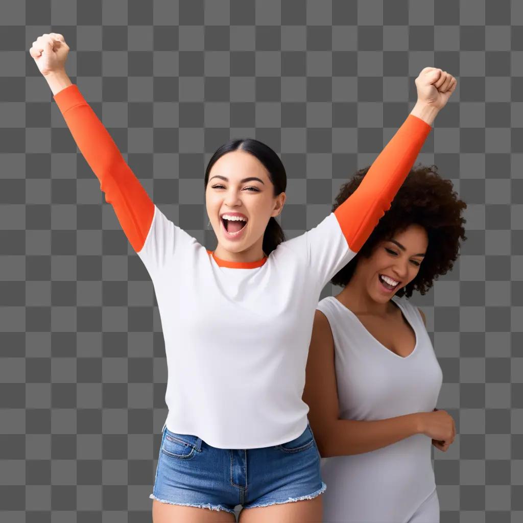 woman in a white shirt with orange sleeves is raising her arms in a victory pose