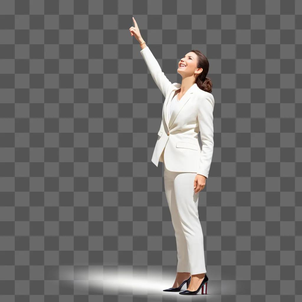 woman in a white suit is standing in front of a white background