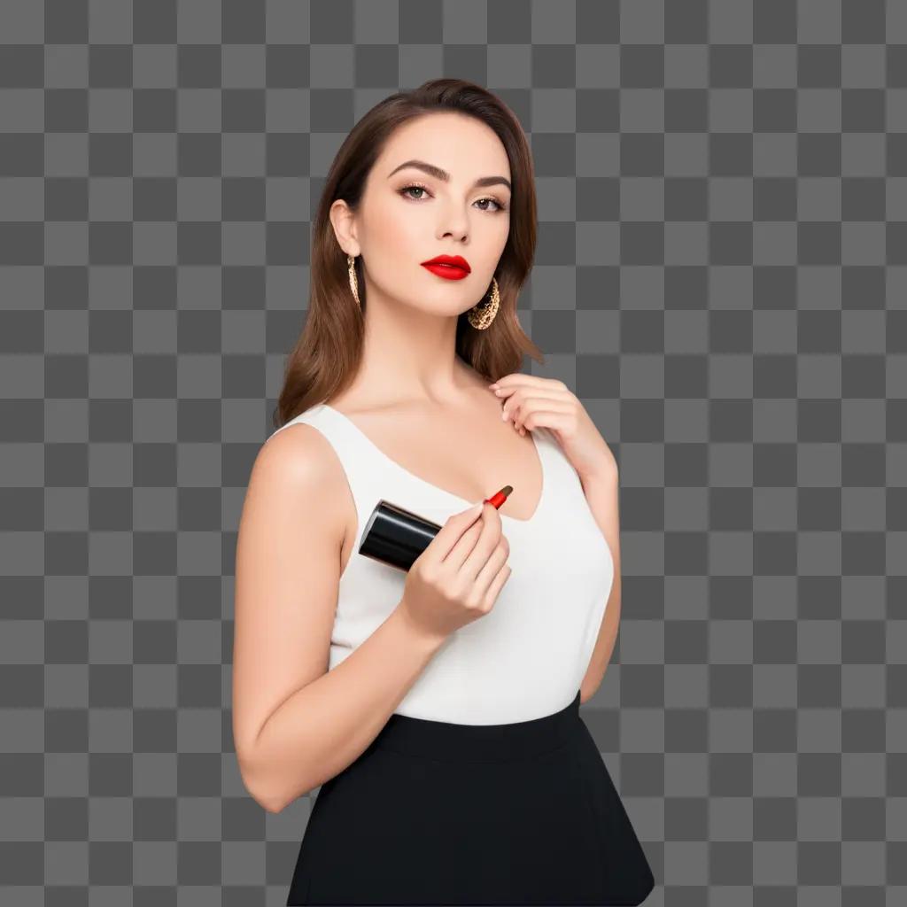 woman in a white tank top and black skirt holds a red lipstick