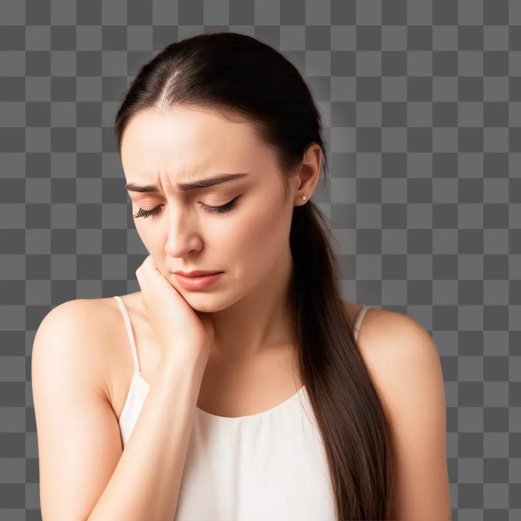 woman in a white tank top with fake tears on her cheeks