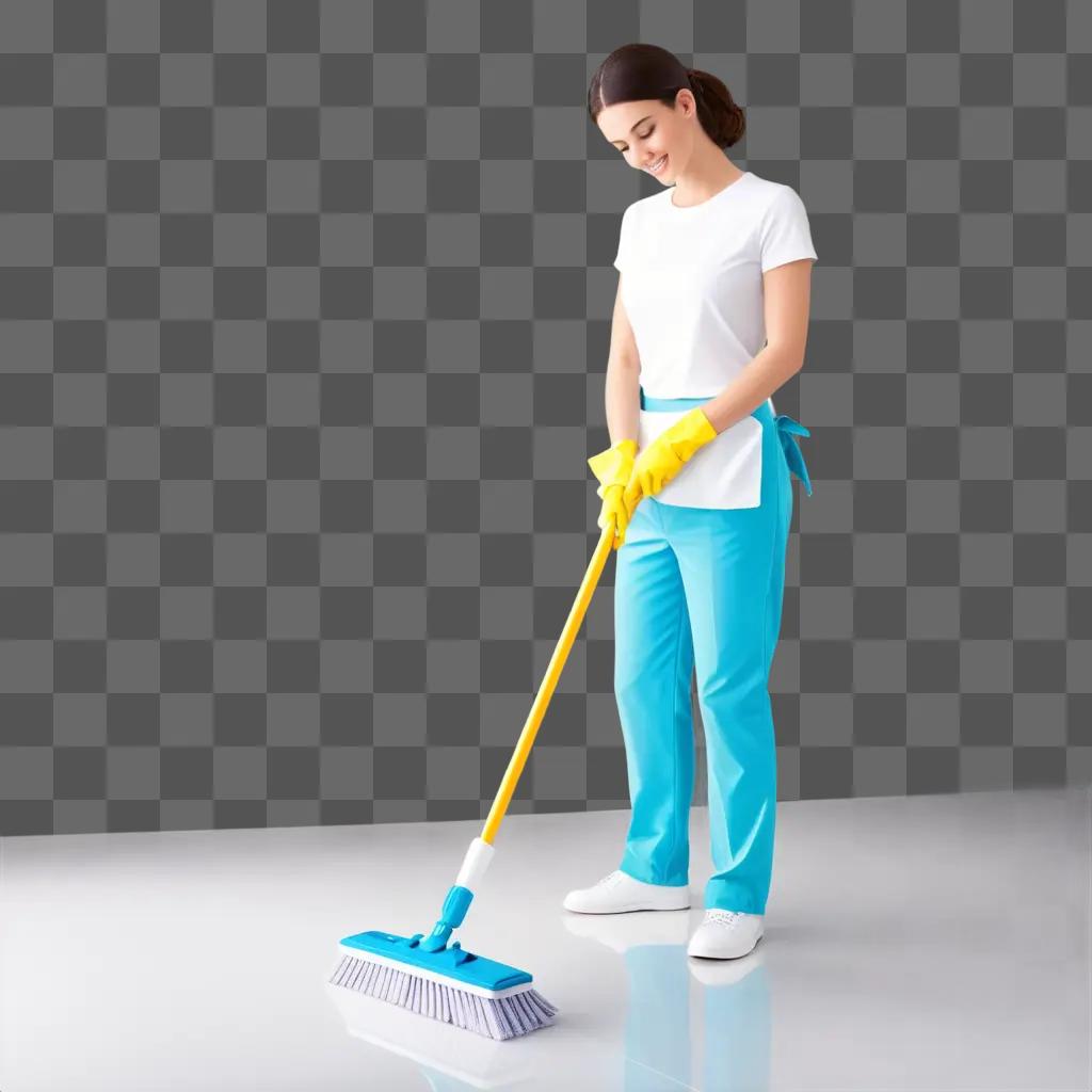 woman in a white uniform is cleaning the floor