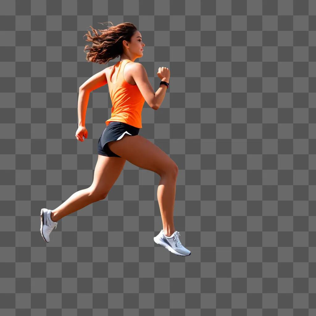 woman in an orange tank top runs on a beige background