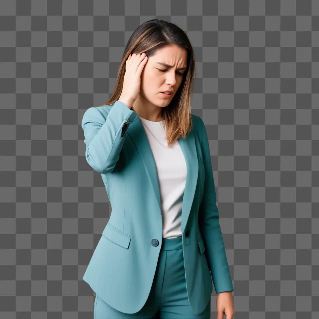 woman in blue jacket with head on hand