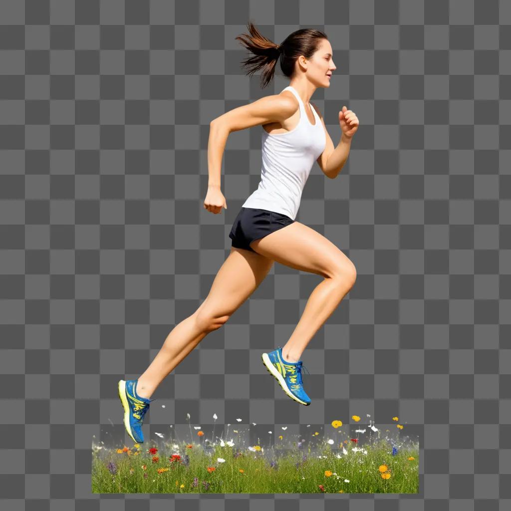 woman in blue shoes running in a field of flowers