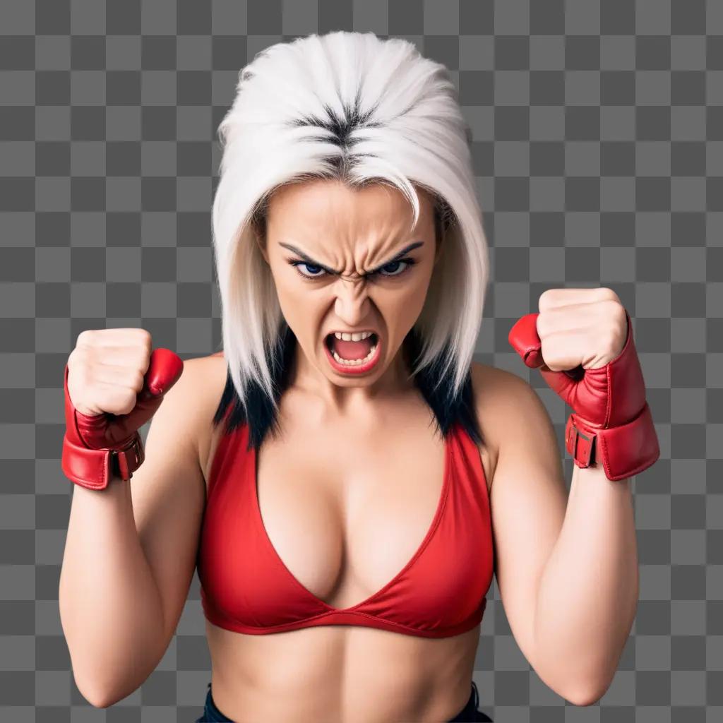 woman in red shirt and gloves is angry