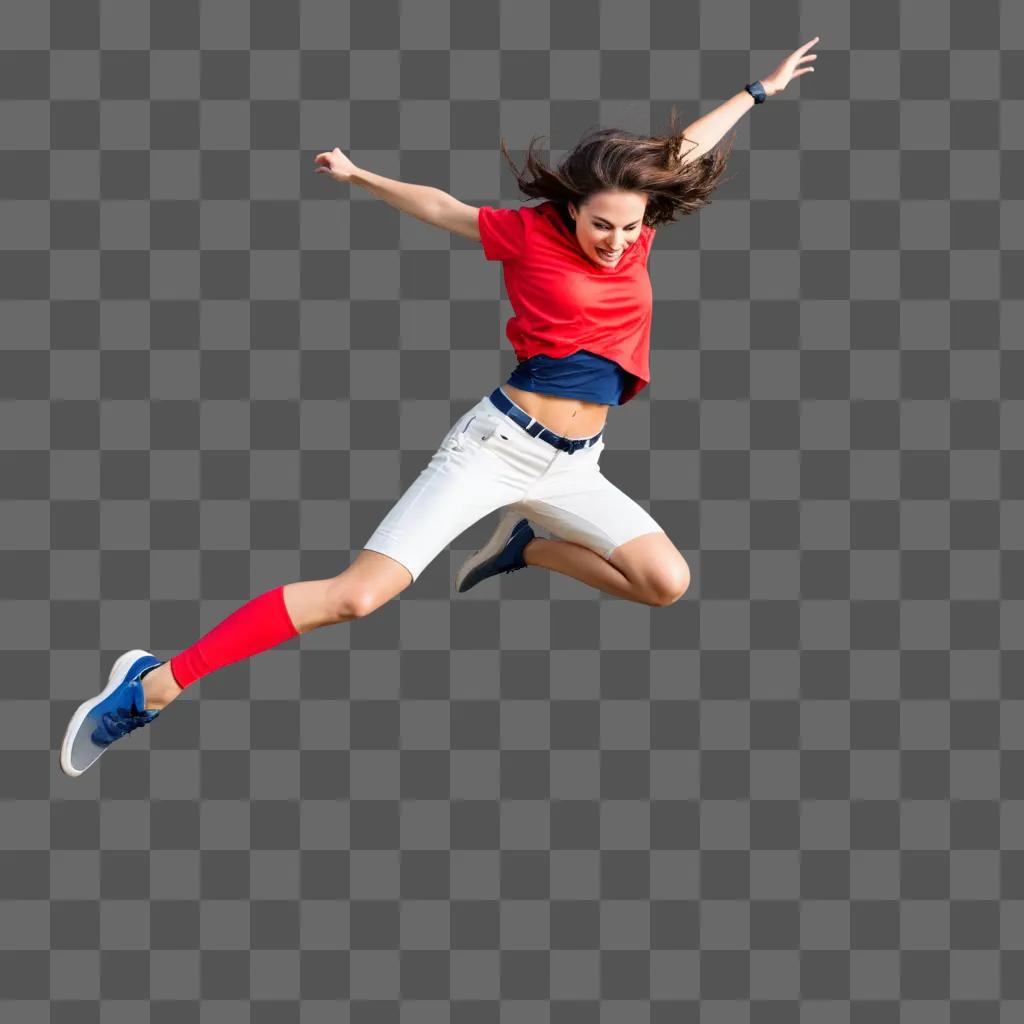 woman in red shirt and white shorts jumping