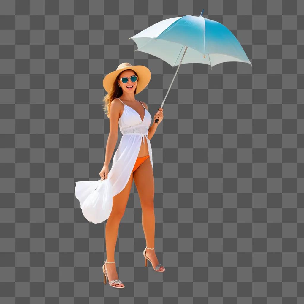 woman in sunglasses and a white dress holds an umbrella