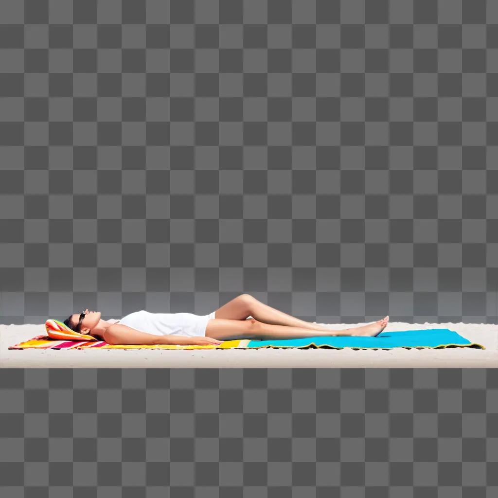 woman in sunglasses is lying down on a beach towel