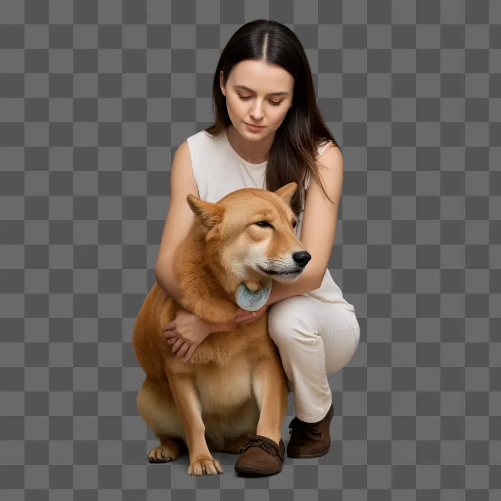 woman in white hugs her dog