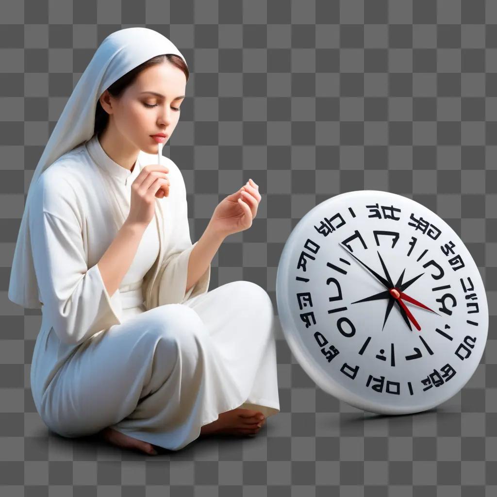 woman in white is holding a stick near a clock