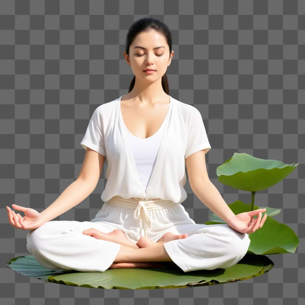 woman in white meditates with a lotus flower