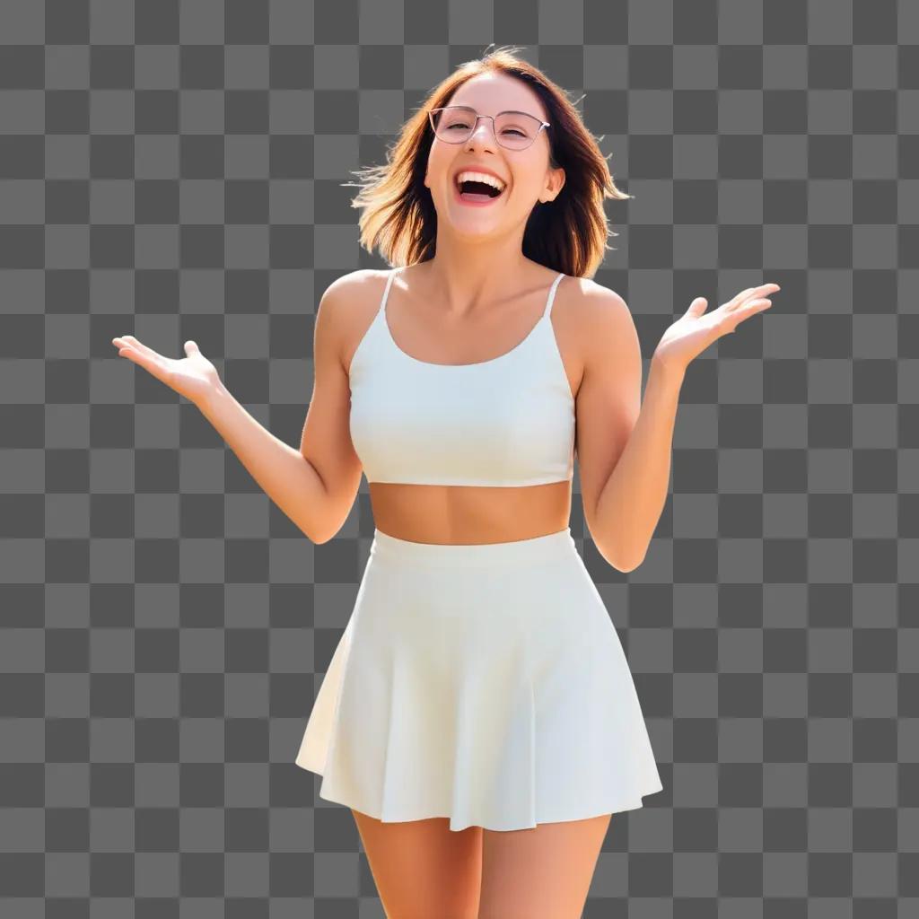 woman in white outfit and glasses is excited