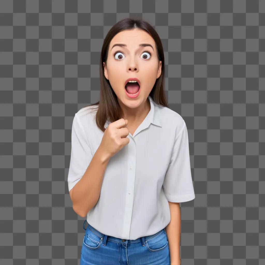 woman in white shirt and jeans shocked